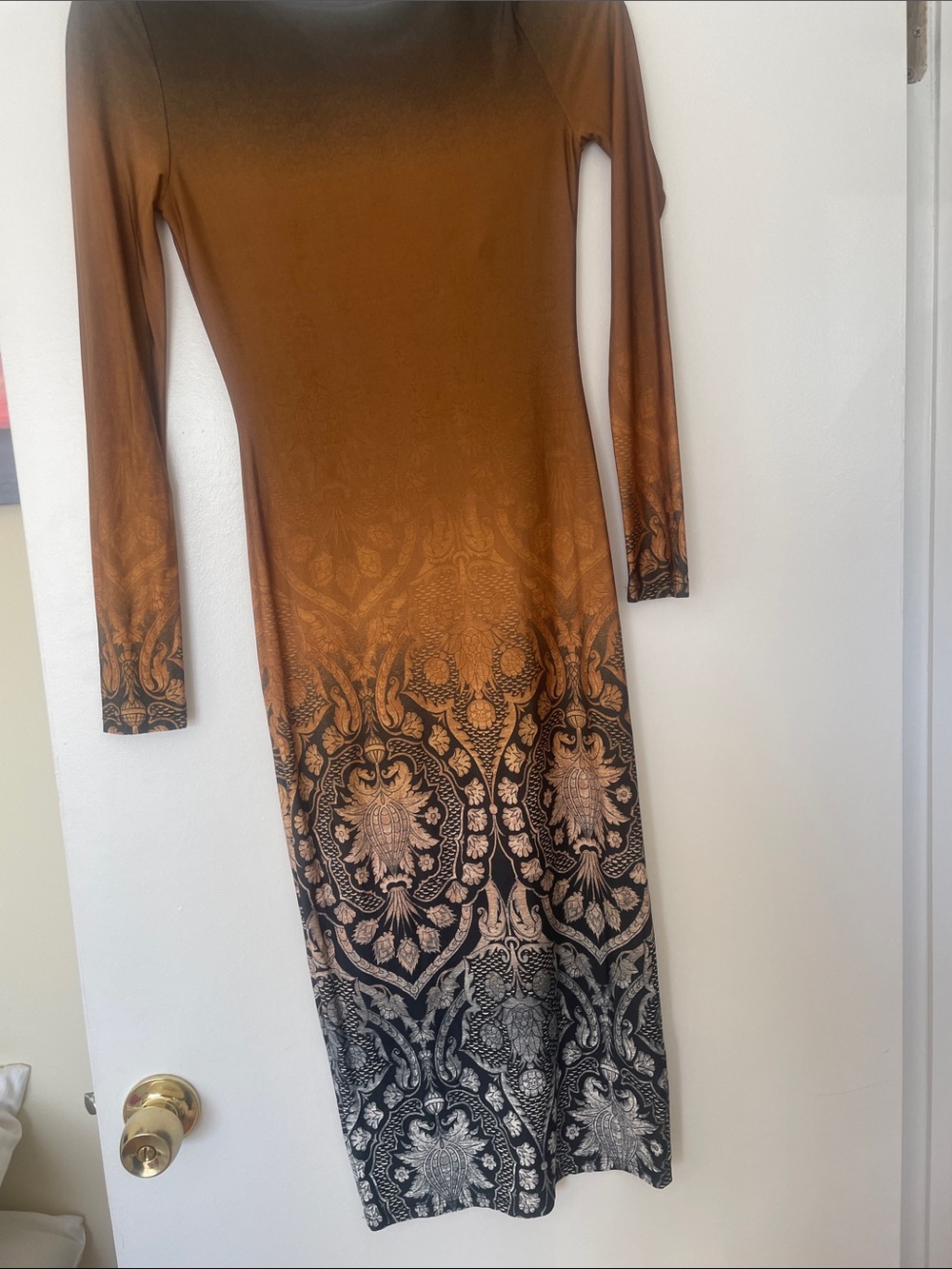Topshop Brown Ombre Long Sleeve Maxi Dress with Black Baroque Print
